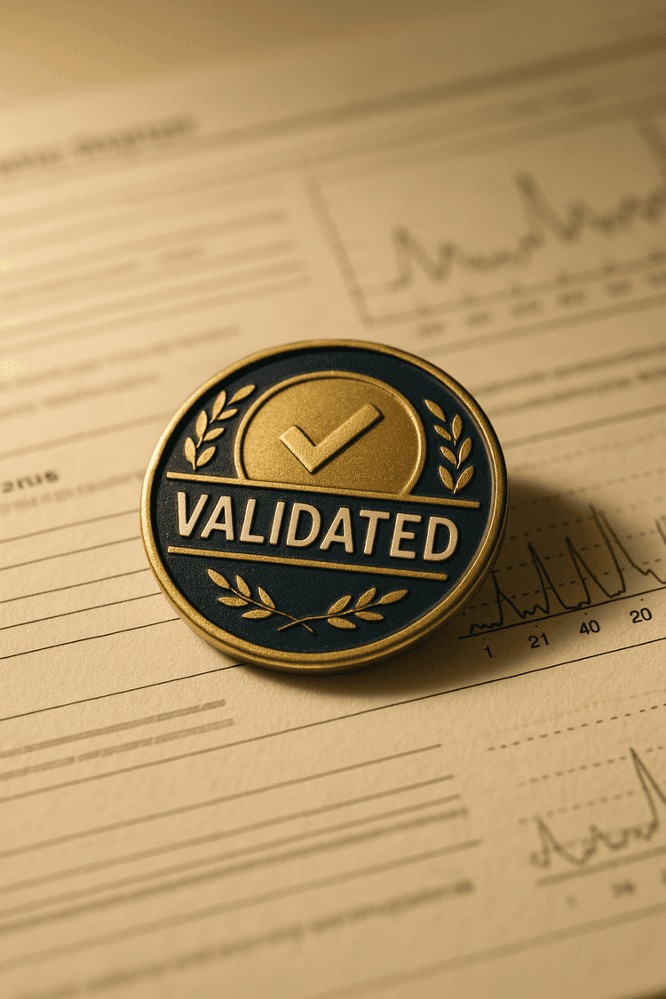 A gold tier badge reading VALIDATED with a checkmark, resting on a printed genetic report page with chart traces, soft warm clinician’s desk lighting